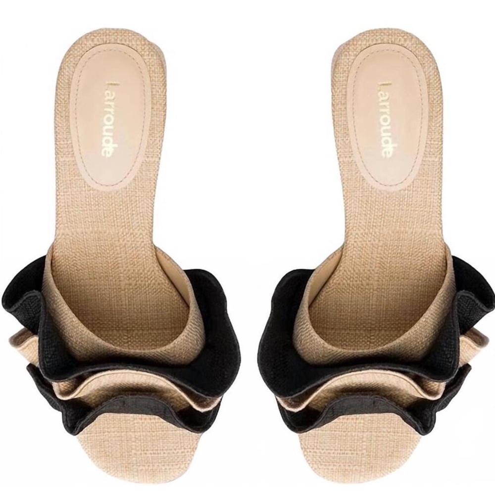 NWT Larroude Brigitte Ruffle Raffia Beige Black Sandals Women’s Sz 7.5 - Picture 6 of 14